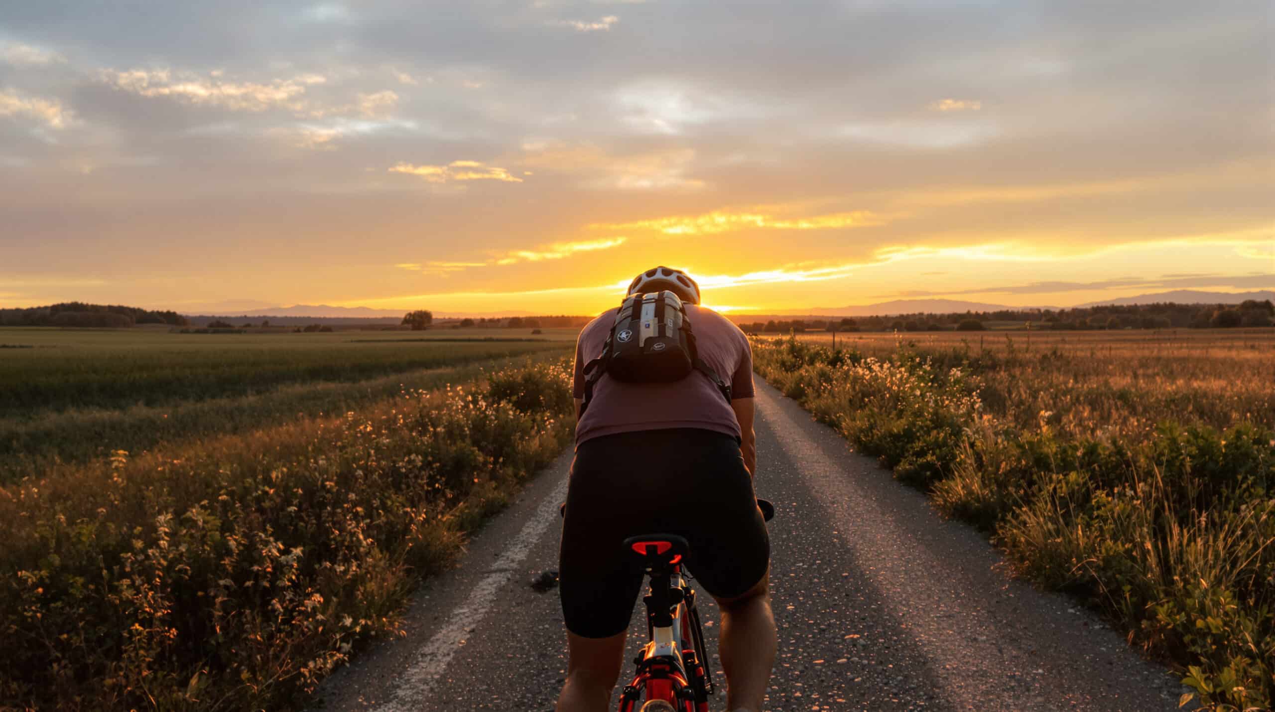 Ein von hinten fotografierter Fahrradfahrer fährt auf den Sonnenaufgang zu.
